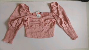 Pink Satin Ruched Puff Sleeve Top