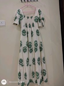 Elegant Beige Green Print Midi Dress