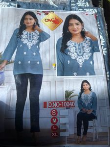 Blue Embroidered Cotton short Kurta