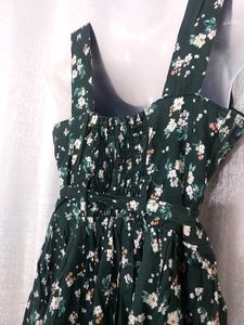 Dark Green Floral Print cotton Stretchable Dress