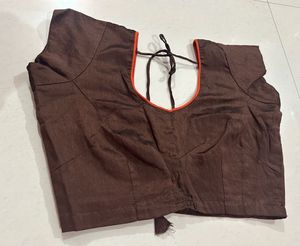 Brown V-Neck Blouse with Orange Trim