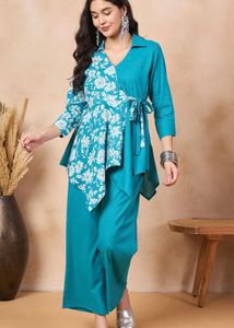 Teal Floral Wrap Tunic with Palazzo Pants