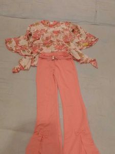 Floral Print Peplum Top with Coral Pants Set