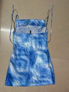 Blue Tie-Dye Satin Slip Dress