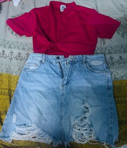 Pink Top & Denim Skirt Set