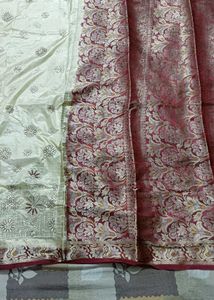 Cream &amp; Maroon Embroidered Silk Saree