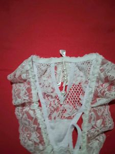 White Lace Pearl Detail Open Crotch Thong Panty
