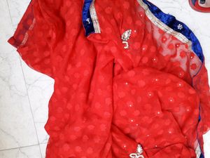 Red &amp; Blue Embellished Saree