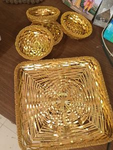 Decorative Golden Woven Tray with Bowls