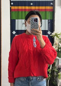 Red Cable Knit Pullover Sweater