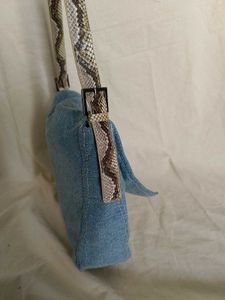 Denim Shoulder Bag with Snake Print Accent
