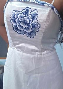Chic White Dress with Blue Floral Print