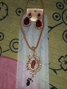 Elegant Ruby Pendant Necklace &amp; Earrings Set