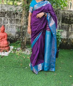 Beautiful Purple Saree with Teal Blouse