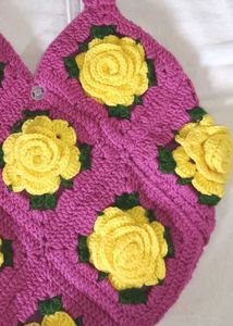 Crocheted Bag with Yellow Rose Appliques