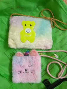 Fuzzy Cat & Bear Pouches - Set of 2