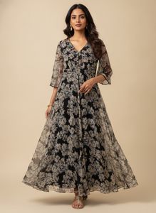 Floral Print Maxi Dress with Embellished Neckline