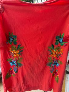 Coral Embroidered Tropical Floral Top with adjusta