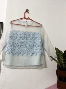 Light Blue Lace &amp; Sheer Blouse