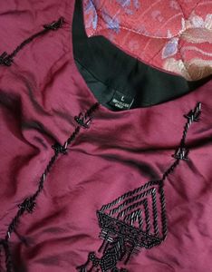 Wine Maroon Maxi Dress with Black Embroidery