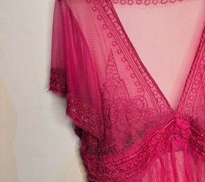 y2k embellished Sheer Beaded V-Neck Tunic Top