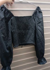 Black Smocked Square Neck Top