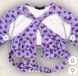 Purple Heart Print Crisscross Crop Top