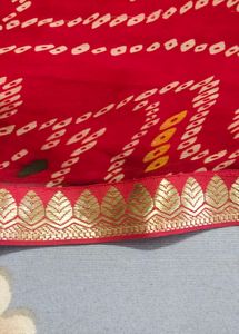Red Bandhani Saree with Golden Border
