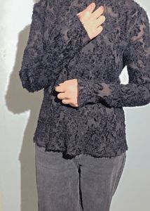 Black Textured Sheer Top