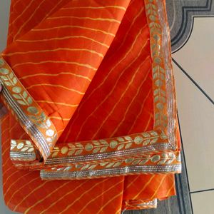 Vibrant Orange Saree with Gold Border