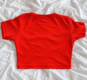 Red Ribbed Cropped Button-Up Top