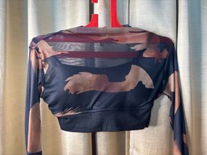 Sheer Mesh Abstract Print Long Sleeve Top