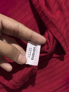 Cute Red Ribbed Long Sleeve Top