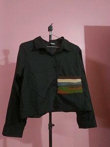 Black Cropped Button-Up Shirt with Patchwork Detai