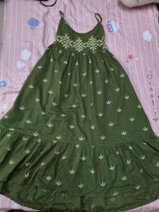 Olive Green Print Spaghetti Strap Dress