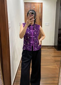 PURPLE FLORAL EMBROIDERED CHEONGSAM INSPIRED TOP
