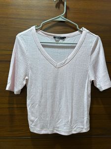 Light Pink Ribbed V-Neck T-Shirt