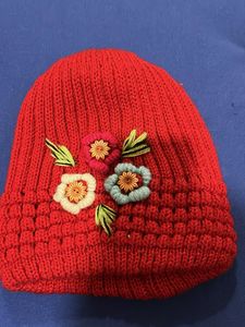 Red Beanie with Embroidered Flowers