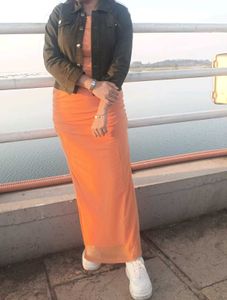 Orange Ruched Mesh Midi Dress