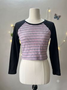 Korean kawaii Striped Long Sleeve Crop Top