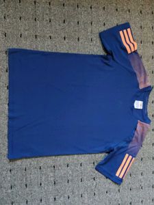Adidas Blue T-Shirt with Orange Stripes