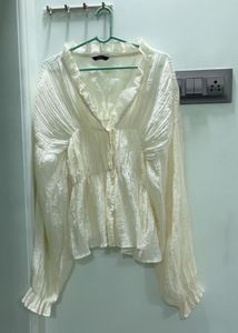 Cream Textured Ruffle Blouse