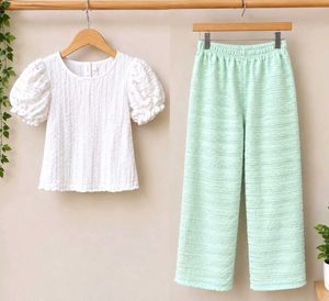 Stylish White Sleeve Top &amp; Mint Pants Set