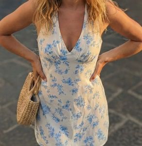Chic Blue Floral Halter Dress