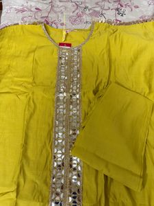 Yellow Kaftan Kurta Set with Mirror Work