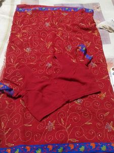 New RedKantha work  Embroidered Saree with Blouse