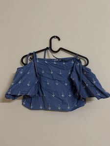 Blue Off-Shoulder Printed Crop Top