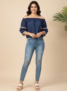Blue Off-Shoulder Pom-Pom Top