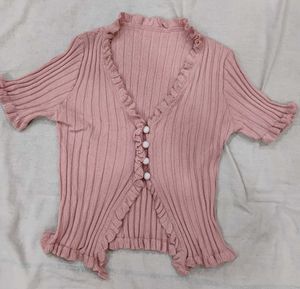 Cute Pink Ruffled Knit crop Top