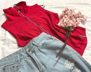🎉Buy1 Get1 Free🎉Red Sleeveless Zip-Up Vest R